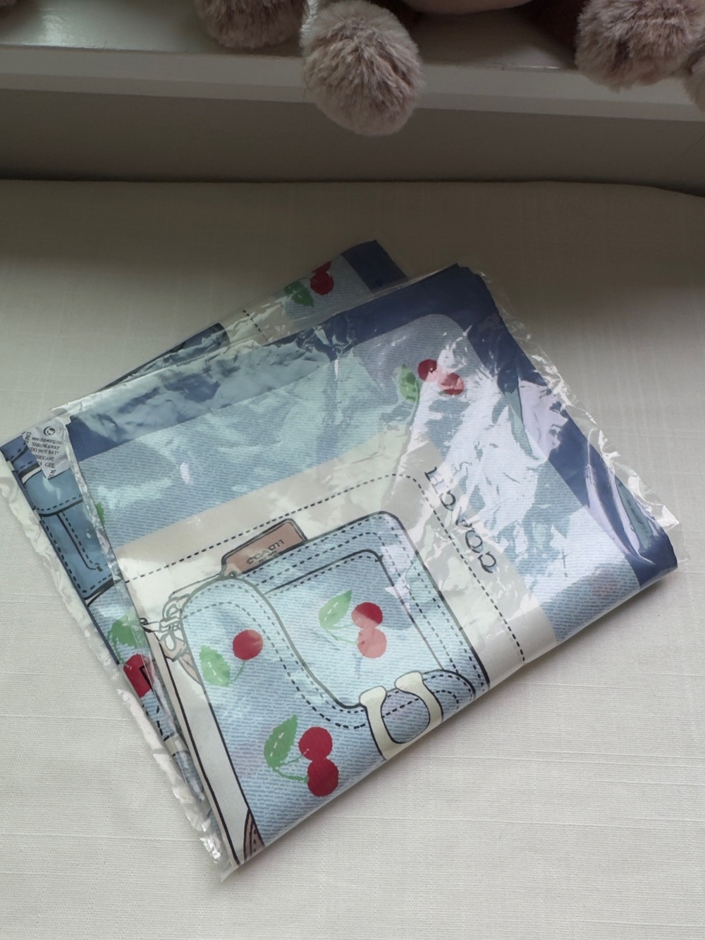NWT 🍒 Coach Tabby Cherry Print Silk Square Scarf (Denim/Red Multi)